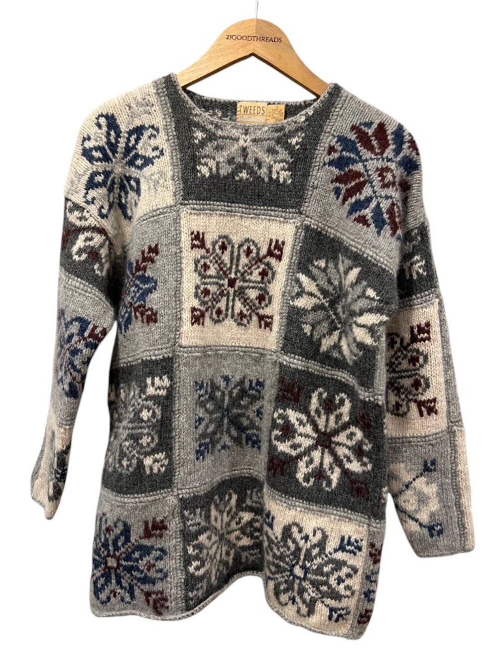 Tweeds Vintage Pullover Patchwork Snowflake Wool Knit Sweater, S